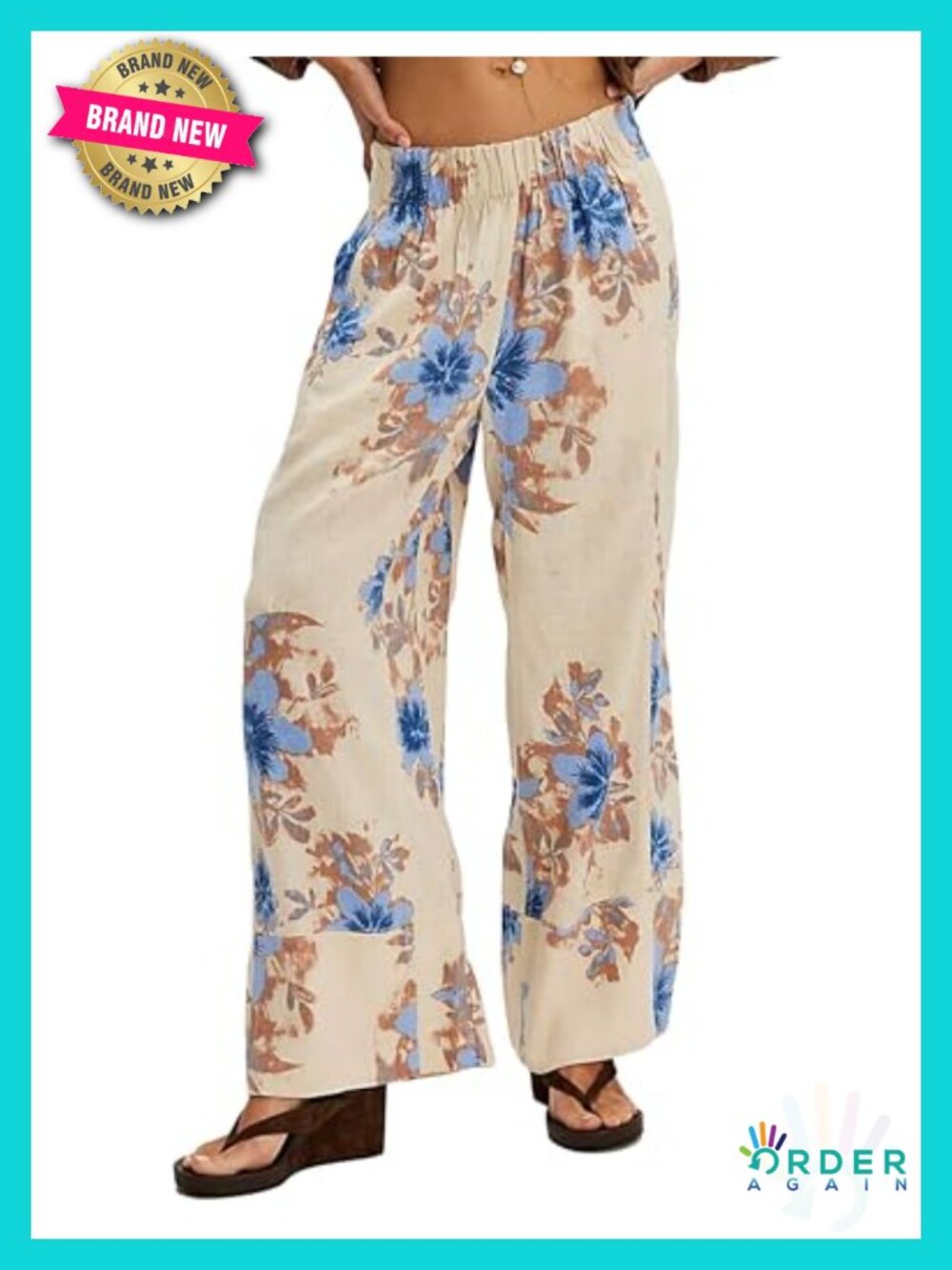 Wide Leg Linen Pants Elastic Waist Palazzo Trousers with Pockets Boho Beach
